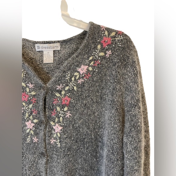 Dressbarn Button up Sweater Silk Angora cardigan, size L Beaded Embroidered Gray - Picture 4 of 11